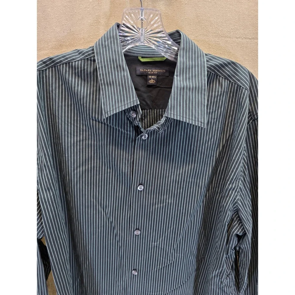 Banana Republic Slim Fit Mens Large Black Teal Pinstripe Button Down Shirt 2538
